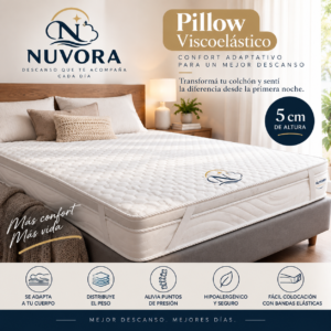Confort viscoelástico para transformar tu colchón NUVORA Pillow Viscoelástico fue desarrollado para mejorar la sensación de descanso sin necesidad de reemplazar el colchón. Su capa de espuma viscoelástica de alta densidad se adapta progresivamente al cuerpo, acompañando sus formas y ayudando a distribuir mejor el peso durante la noche. Esta adaptación permite disminuir la concentración de presión en zonas como hombros, espalda y caderas, generando una superficie más confortable y envolvente. Con 5 cm de altura, puede utilizarse sobre distintos tipos de colchones y cuenta con bandas elásticas que ayudan a mantenerlo correctamente sujeto. Ideal para quienes buscan mayor suavidad, adaptación y confort en su colchón actual. Beneficios destacados Espuma viscoelástica de alta densidad Se adapta a la forma del cuerpo. Mejor distribución del peso Ayuda a reducir la presión en zonas sensibles. 5 cm de confort adicional Mejora la sensación de descanso del colchón. Fácil colocación Sus bandas elásticas ayudan a mantenerlo firme y estable. Confort adaptativo Acompaña los movimientos del cuerpo durante el descanso.